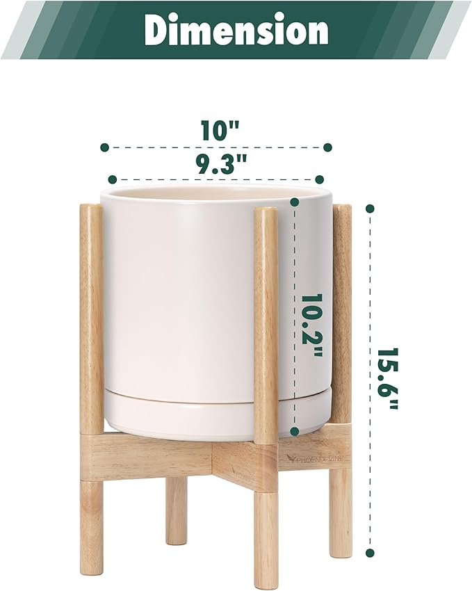 D'vine Dev Ceramic Planter with Natural Stand - 10 Inch Modern Round Flower Pot with Wood Planter Holder, Oatmeal, 55-B-K-8