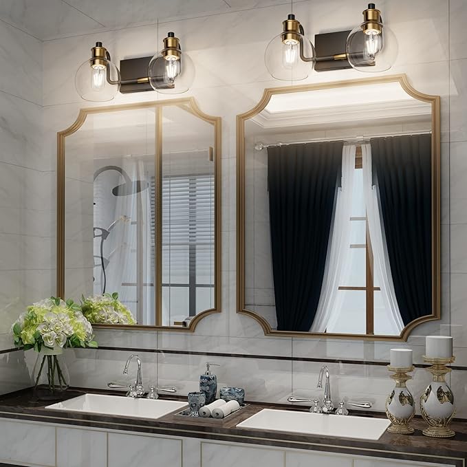 Tipace 2 Lights Vintage Bathroom Vanity Light Fixtures Over Mirror Black & Gold Industrial Vanity Lights with Globe Clear Glass Farmhouse Wall Sconces Fixture(Exclude Bulb)