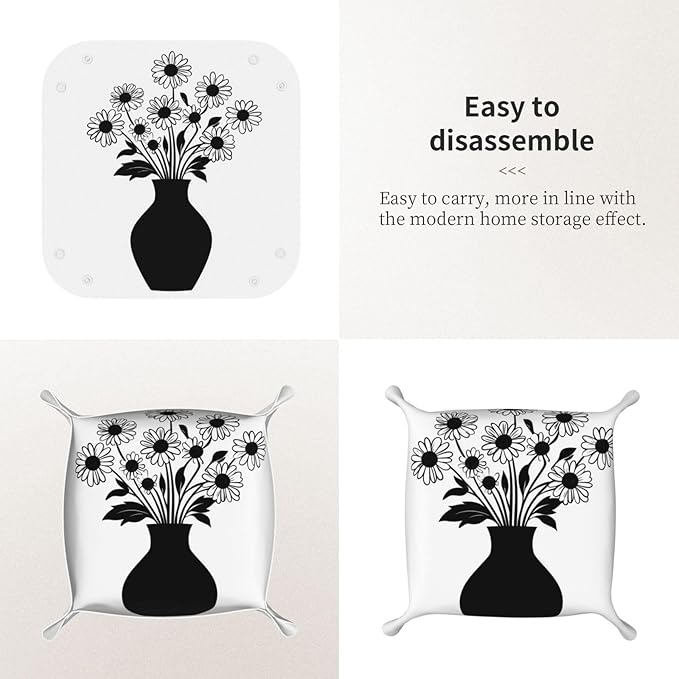 Vase of Daisies Simple Black Minimal Valet Tray Leather Desktop Storage Organizer Bedside for Jewelry Keys Coin Candy Sundries