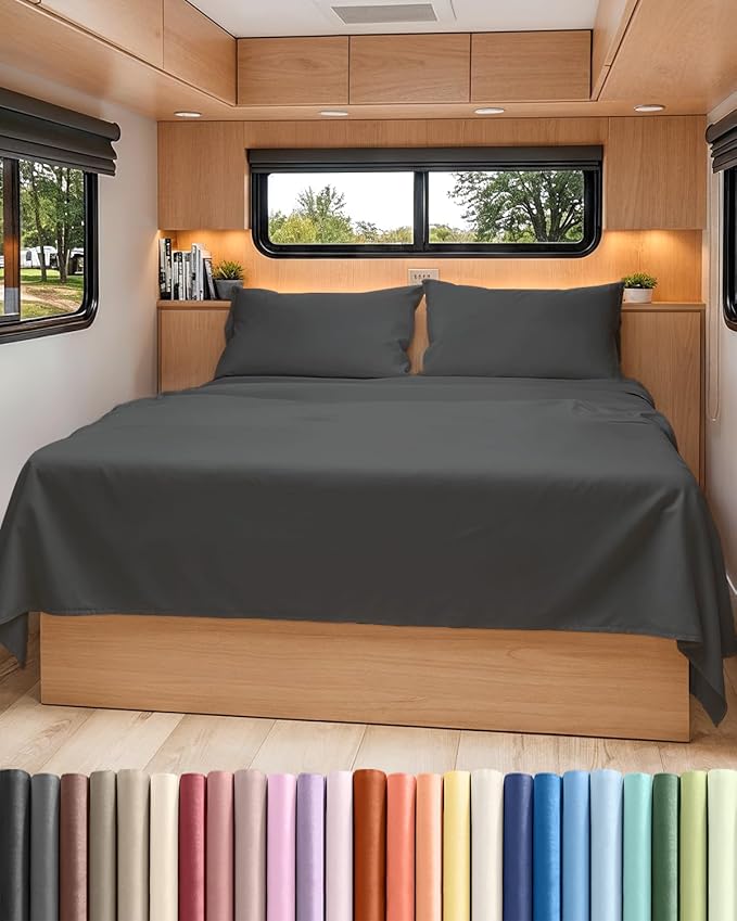 RV Short Queen Sheet Set 60 X 75 - 4 Piece RV Short Queen Bed Sheets - Soft, Breathable and Cooling - Designed for Bunks, Trailers & Campers - Fits 8” to 12" Mattress - Hotel Luxury Bedding - Charcoal