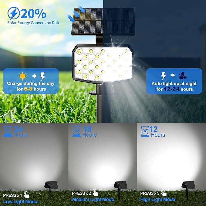Solar Spot Lights Outdoor Waterproof Adjustable Solar Powered Landscape Lights for Yard 3 Long Time Lighting Modes Spotlights for Pathway Garden Outside Wall Pool Porch- 10 Pack, Cool White