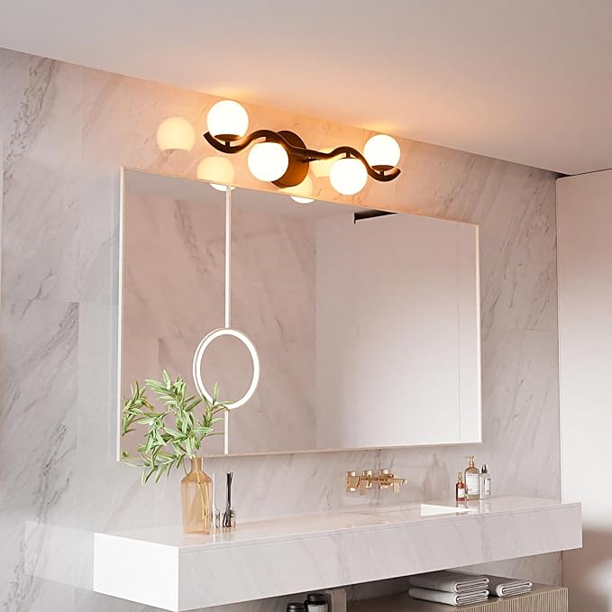 Lightdot 4-Light Bathroom Light Fixtures, 27" Modern Black Vanity Light with White Globe Water/Shatterproof Shades/S-Frame, Rust-Proof Bathroom Wall Lamp for Mirror Living Room Kitchen Cabinet Hallway