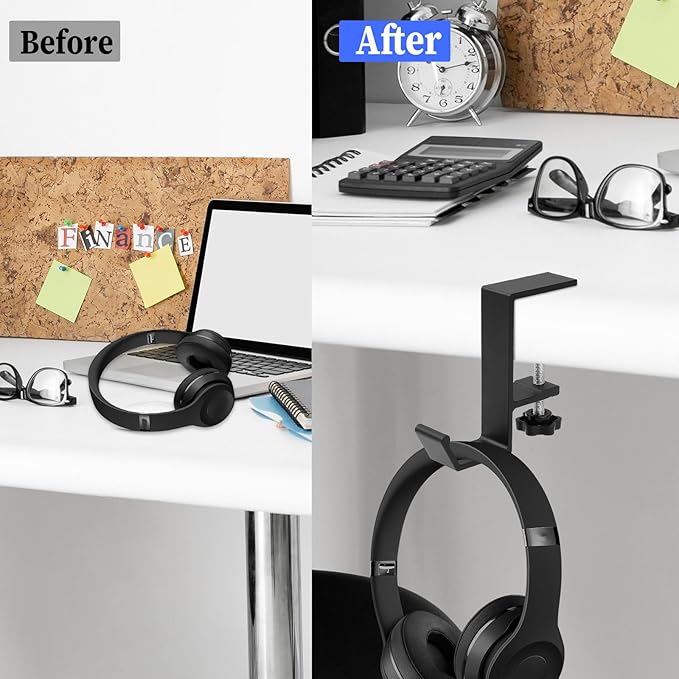 Jeffdad Metal Headphone Hook, Headphone Hanger with Single Hooks, Universal Aluminum Alloy Gaming Headphone Stand Under Desk, Non-Slip Adjustable Desk Headphone Hanger Hook