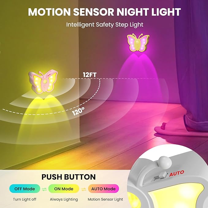 LOFTEK Butterfly Night Light, Rechargeable Motion Sensor Night Lights, 2 Color Modes & Dimmable RGB Nightlight, Stick on Wall, Bedside, Bathroom, Hallway, Stairs, Cabinet (Pink, 1 Pack)