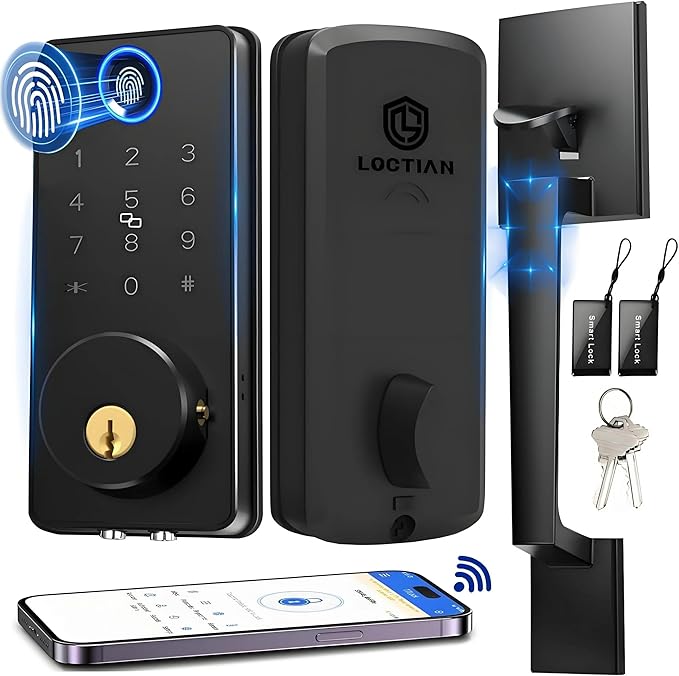 Smart Keyless Entry Door Lock Set w/Front Door Handle, 0.1s Fingerprint Biometric Unlock, Auto Lock, APP Remote/Passcodes/Cards Control, Keypad Deadbolt, Easy Install for Entry Bedroom