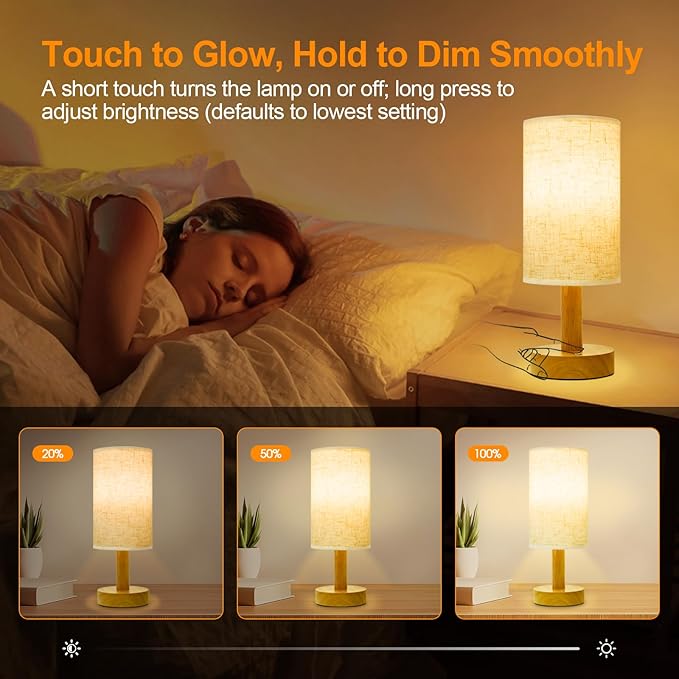 Rechargeable Cordless Table Lamp,Touch Control&Stepless Dimming,Wireless Bedside Ambient Night Light with Wood Base&Linen Shade,Portable Battery Lamp for Bedroom,Nightstand,Nursery,Camping,Outdoor
