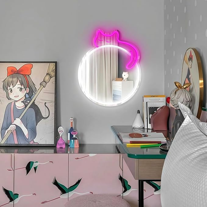 LED Mirror Neon Lights Light Up Dressing Mirror Cat/Shine Heart/Bat/Butterfly Shape Neon Mirror Sign for Modern Home Girl Room Bathroom Salon Wall Art Decor Gift For Girlfriend USB Powered