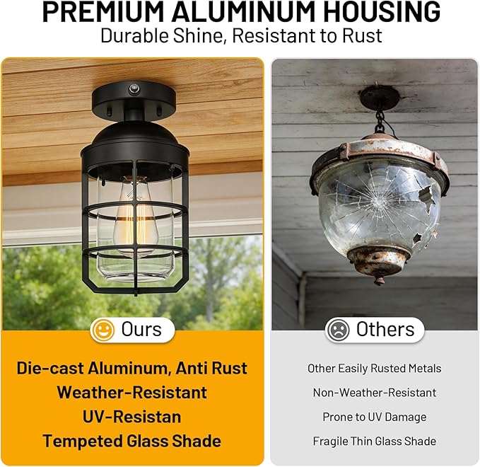 Outdoor Ceiling Lights for Porch with Dusk to Dawn Sensor, Black Outdoor Semi Flush Mount Ceiling Light Fixture with Clear Glass for Front Porch Entryway Patio
