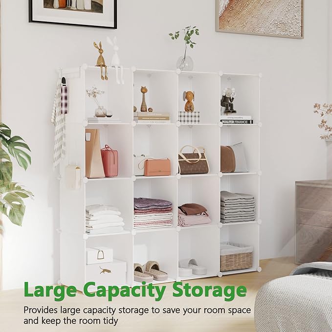 C&AHOME Cube Storage Organizer, 16-Cube Shelves Units, Plastic Storage Cubes, DIY Closet Organizer, Modular Closet Storage Shelves Ideal for Home, Bedroom, 48.4" L × 12.4" W × 48.4" H Milky UPCS16M