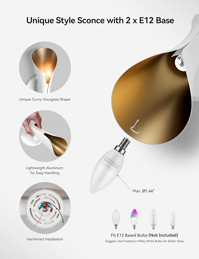 Tubicen Wall Sconces Dimmable Mid Century Theater Room Sconce Lights Up and Down Hardwired Modern Indoor Elegant Wall Lights for Living Room Bedroom Hallway Stair 15.7" H White and Gold