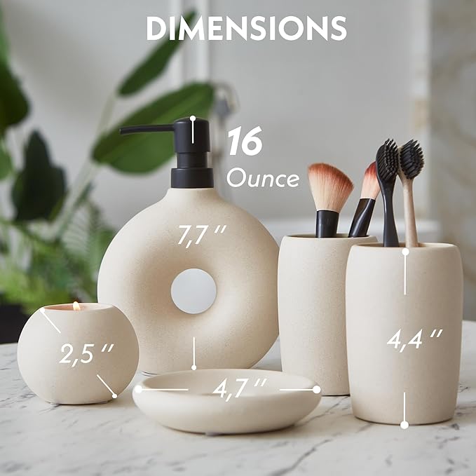 Ceramic Bathroom Accessory Set, 5 Pcs - Soap Dispenser 16 Oz, Toothbrush Cup, Toothbrush Holder, Soap Dish, Candle Holder - Beige, Boho Bathroom Sink Decor, Modern Countertop Accessories