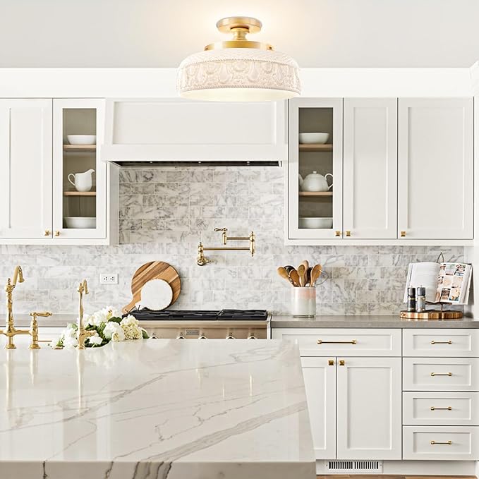 Lamomo Semi Flush Mount Ceiling Light,White Glass Shade Gold Hallway Light Fixture,3-Bulb Globe Glass Close to Ceiling Scone,Indoor Hanging Light for Bedroom Kitchen Porch Hallway,Bulbs Not Included