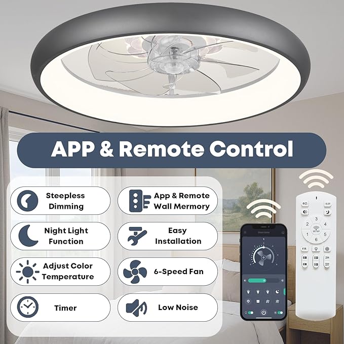 20'' Ceiling Fan with Light, Upgraded Low Profile Fan, Flush Mount Ceiling Fan, 6 Speeds, Dimmable LED, App & Remote Control, Quiet DC Motor, for Bedroom, Living Room, F109 Grey