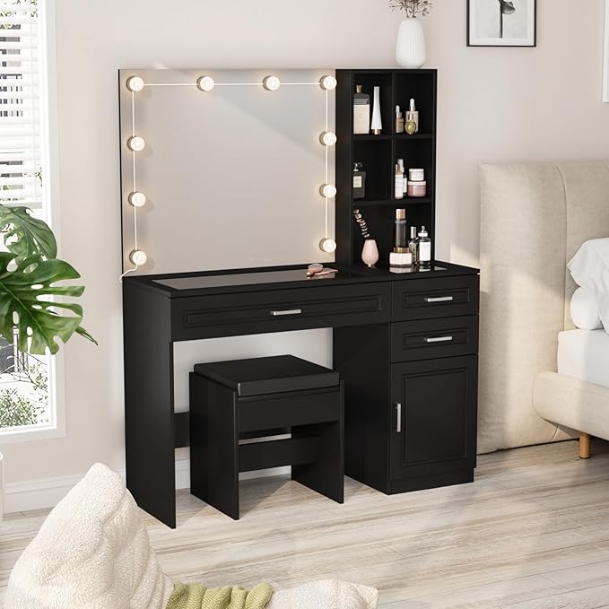 Fameill Makeup Vanity Desk with Lights,Glass Top Vanity Table with Lighted Mirror,Large Makeup Desk with 3 Drawers and Cabinets,3 Color Lighting Modes with Adjustable Brightness,Black