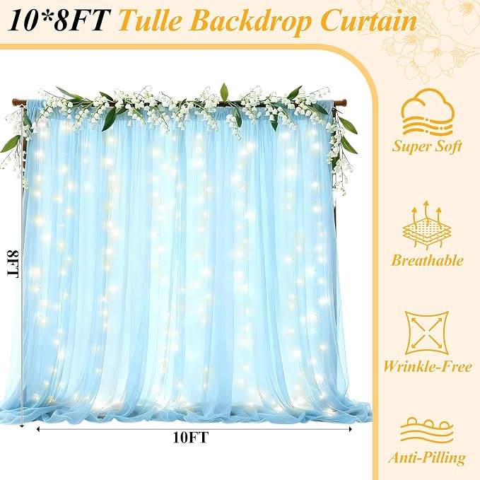 Ledido 10×8ft Blue Tulle Backdrop Curtains with Lights String - 300LED Fairy Lights Sheer Curtain Backdrop for Wedding Baby Shower Photo Shoot Birthday Party Decoration(2 Panels 5×8ft)，Blue