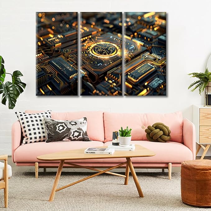 Canvas Wall Art Computer Processors CPU Picture Prints Wall Decor Advanced Circuitry Modern Art Home Decoration for Living Room, Bedroom and Office Decor Framed Ready to Hang (42"Wx28"H)