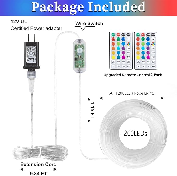 ANJAYLIA 66ft 200 LED Rope Lights Outdoor, Waterproof 16 Colors Changing String Lights Plug in with Remote Control Indoor Twinkle Fairy Lights for Bedroom Garden Party Halloween Christmas Decorations