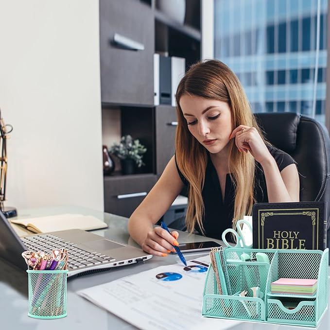 12 in 1 Green Desk Organizers & Accessories Set, Office Supplies Include Stapler, Pen Holder, Tape Holder, Scissors, Ruler, Staple Remover for Home & School