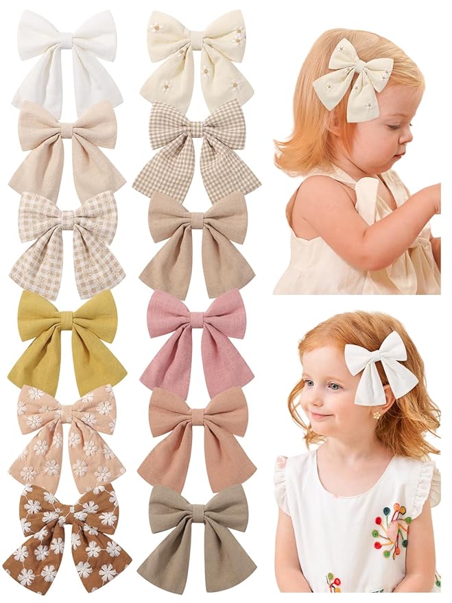 12PCS Baby Girls Hair Clips Fable Hair Bows Cotton Linen Bows for Girls Hair Accessories for Baby Toddlers Kids Neutral Color