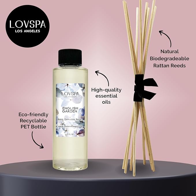 LOVSPA English Garden Diffuser Oil - Luxury Essential Oils for Diffuser Refill & Air Freshener Room Spray - Long-Lasting & Natural Home Fragrance, Scented Oil for Diffusers, USA Made, 4oz