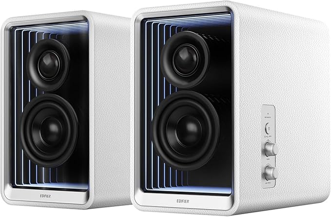 Edifier QR65 Desktop Active Monitor with 2.75" Long-Throw Aluminum Diaphragm mid-Low Drivers, Hi-Res Audio, Brilliant Light Effects, 70W Output Power Bluetooth Speakers with Stands - White