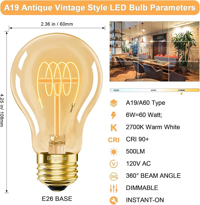 A19 Vintage LED Edison Bulbs 60 Watt, 4-Pack Dimmable E26 A19 6W LED 2700K Warm White Light Bulbs, E26 Base 6W Equal 60W A19/A60 Decorative Amber Light Bulb, 500LM (Upgrade Version)
