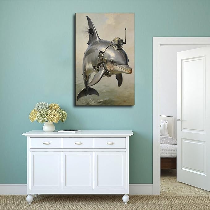 Framed Steampunk Mechanical Dolphin Wall Art - Marine Retro-Futuristic Poster for Beach House Living Room Decor 12x18inch(30x45cm)
