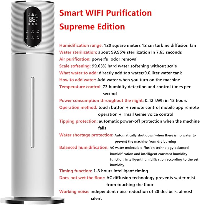 Floor-Standing Air Humidifier for Home Living Room and Bedroom with Water Pump Smart WiFi Humidifier Large Capacity Large Mist Volume UV Purification Atomizer(Black)