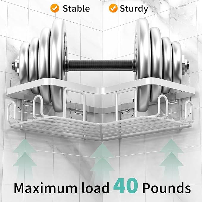 Moforoco Corner Adhesive Shower Caddy, with Soap Holder and 12 Hooks, Rustproof Stainless Steel Bathroom Organizer, No Drilling Wall Mounted Rack, Black, 3-Pack(White)