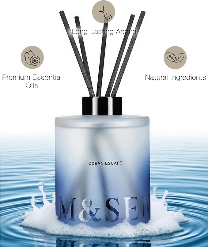 M&SENSE Ocean Escape Reed Diffuser Set - 16.9 fl oz Sea Salt Scent Diffuser with Sticks, Large Long-Lasting Fragrance Diffuser, Aromatherapy Diffuser Gift for Summer, Spa & Home Decor