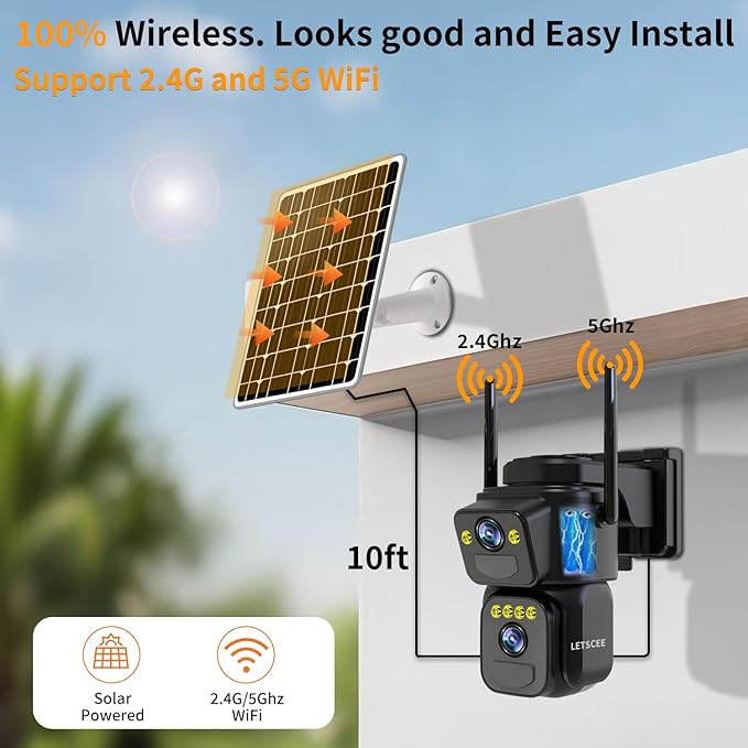 Security Cameras Outdoor WiFi,5G/2.4G Cameras for Home Security Solar Power with Dual Lens,Motion Detection,Night Vision,2-Way Audio,Weather Proof,No Subscription Fee