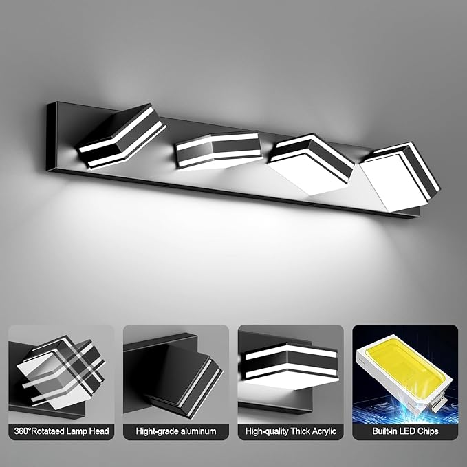 Ralbay Modern Black Vanity Light for Bathroom 4-Light 30inch Matte Black Modern LED Acrylic Bathroom Wall Lighting Fixtures Over Mirror
