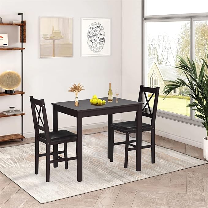 3-Piece Solid Wood Kitchen Table Set for 2 | Pine Dining Table with Upholstered Chairs | Space-Saving Design | Smooth Easy-to-Clean Surface | for Dining Room, Apartment, Restaurant, Dark Brown