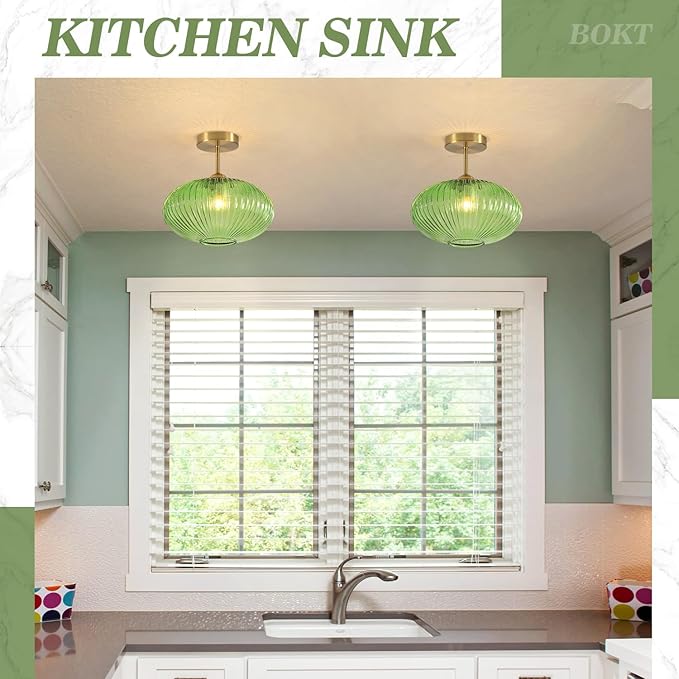 BOKT 9.8 Inch Glass Flush Mount Light Fixture Green Modern Flush Mount Ceiling Light 2 Pack Ceiling Light Brushed Brass Vintage Ceiling Lamp Schoolhouse Pendant Hallway Light Fixtures