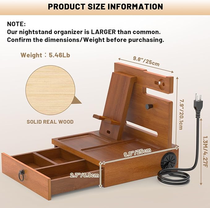 Wood Phone Docking Station with USB Ports and Outlets, Nightstand Organizer with Charging Station, Bedside Organizer with Drawer for Watch & Accessories, Christmas Anniversary Birthday Gifts for Men