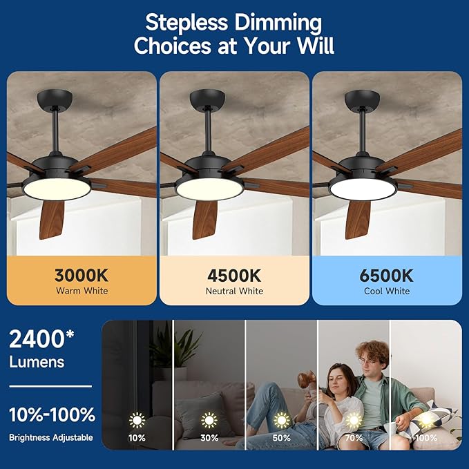 Roomratv Ceiling Fans with Lights,62 Inch Smart Ceiling Fan,Remote and App Control,Dimmable,Reversible,Noiseless, Compatible with Alexa,Google Home,Large Black Modern Ceiling Fan for Indoor/Outdoor
