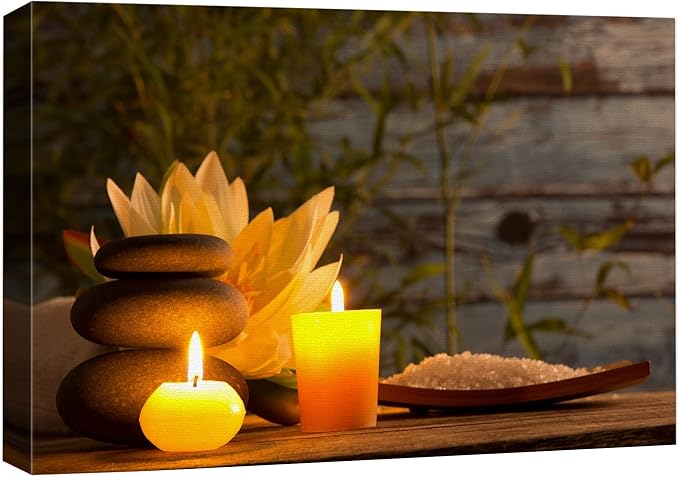 wall26 Canvas Print Wall Art Wood Panel Meditation Spax Candle Massage Stones Nature Wilderness Photography Realism Rustic Landscape Colorful Multicolor for Living Room, Bedroom, Bathroom - 16"x24"
