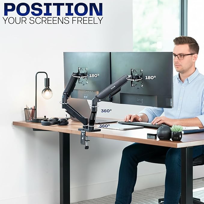VIVO Dual Monitor up to 32 inches and 19.8 lbs per Screen, Pneumatic Arm Desk Mount, Articulating Counterbalance, VESA Stand, Classic, STAND-V002O