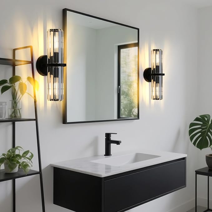 Crystal Wall Sconce Set of Two, 2-Light Black Luxury Indoor Vanity Wall Lamp, 15.7-Inch Upper and lower illuminated Bathroom Light Fixtures, for Living Room, Bedroom, Bathroom, Hallway, Mirror, E26