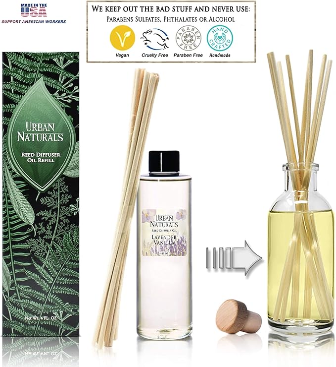 Urban Naturals Lavender Vanilla Scented Oil Reed Diffuser Refill | Includes a Free Set of Reed Sticks! Lavender Blossom, Creamy Vanilla, White Woods and Sugared Musk | 4 oz.