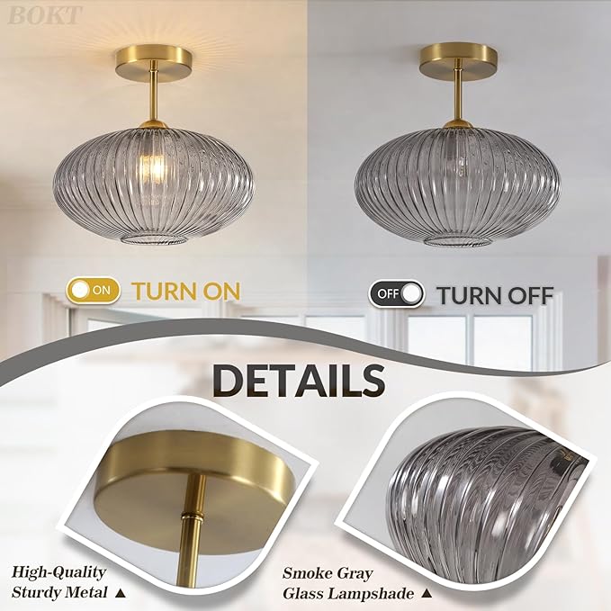 BOKT Mid Century Modern Semi Flush Mount Ceiling Light Brass Light Fixtures Ceilings Ribbed Smoke Glass Close to Ceiling Lamp 2-Pack Minimalist Hallway Light Gold Entryway Flush Light