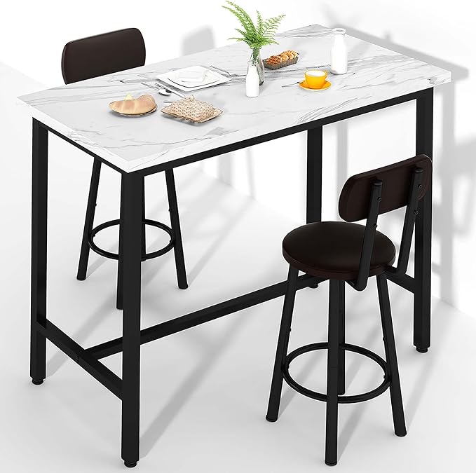 DKLGG 47" Rectangle Dining Table Set for 2 With MDF Tabletop & PU Leather Chairs - Bar Pub Set for Small Space Kitchen, Living Room, Apartment, White