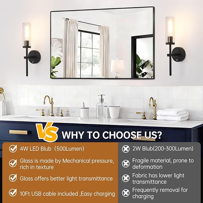 Shenmoyl Battery Operated Wall Sconces Set of 2, Black Rechargeable Wall Lighting Fixtures, Dimmable Wall Lights with Remote & Clear Glass Shade for Living Room, Bathroom,Bedroom