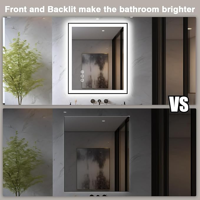 32x36 LED Bathroom Mirror - Black Border (Front and Backlit), Anti-Fog Vanity Mirror with Lights,Stepless Dimmable Illuminated Mirror,3 Colors Smart Mirror(Horizontal/Vertical)