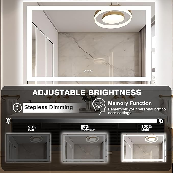 55"x40" Bathroom Mirror with LED Lights, Front and Backlit Mirror, Anti-Fog LED Vanity Mirror, 3 Colors and Dimmable Mirror, Waterproof, Corrosion Proof (Horizontal/Vertical)