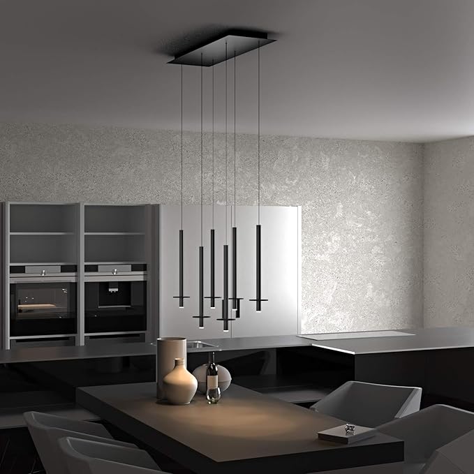 Draco 6 Pendant Lighting Black – LED Hanging Light Fixture for Kitchen Island, Bar, Foyer – Equilateral Cluster of Mini Metal Rod Pipe Tube Cylinders – Dimmable, Adjustable Wire, Lamp Bulb Included