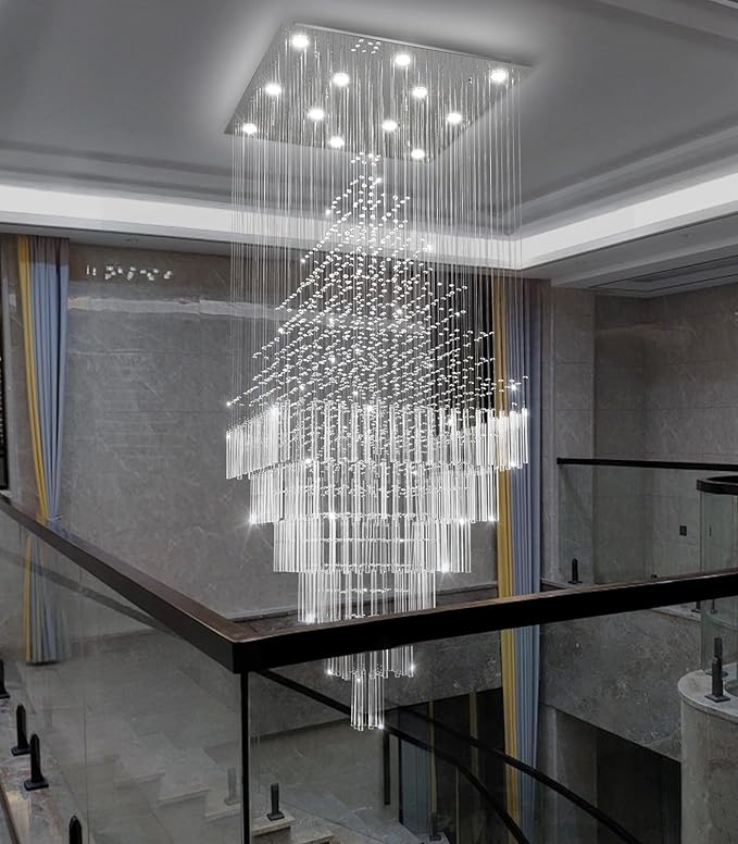 W32 x H120 Glam Chandelier with LED Bulbs Square Chandeliers, Crystal Raindrop High Ceiling Pendant Light for Entrance Large Villa Chandelier Foyer Lighting Fixtures Silver