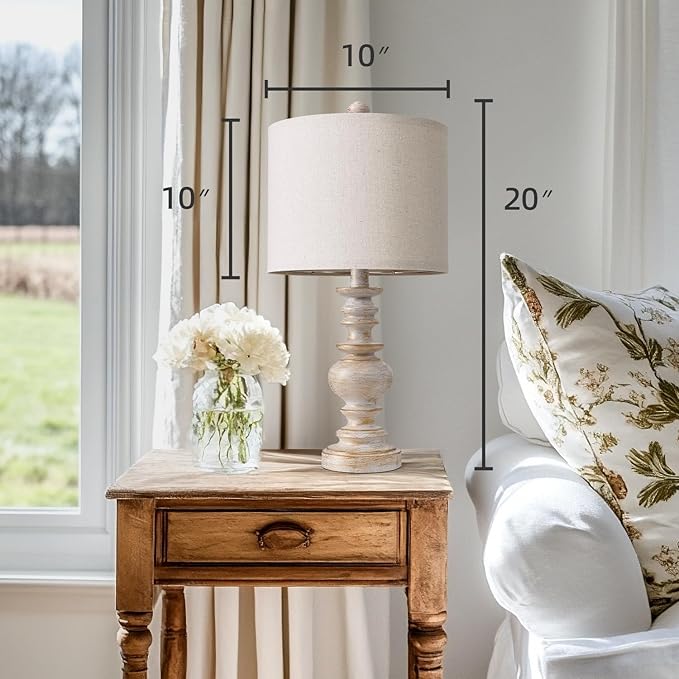 BOBOMOMO 20" Retro Table Lamps Set of 2 - Farmhouse Lamp for Living Room with Linen Shades, Rustic Bedside Nightstand Lamps, Resin Lamps for Bedroom Nursery Room Hallway - Ideal for Compact Spaces