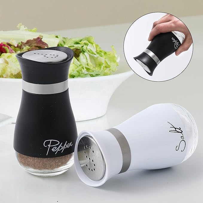 Lonffery Salt and Pepper Shakers Set - Salt Containers for Gifts, Kitchen Decor, Home, RV, Camp, BBQ, 4 oz Farmhouse Spice Dispenser with Glass Bottom, Black and White, Set of 2