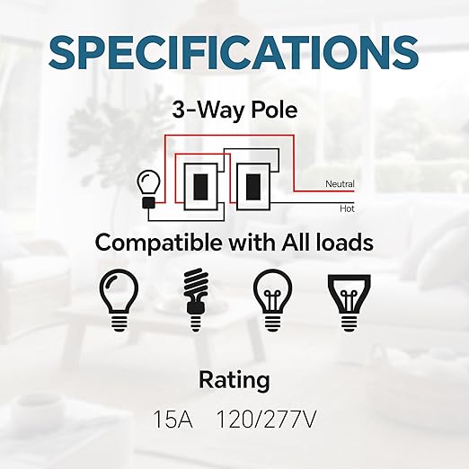 ThunderWay 3 Way Matte White Light Switch with Cover Plate, 15A 120/277 V Three Way Decorative Paddle Switches, Self-Grounding, Residential and Commercial Grade, UL Listed, 10 Pack